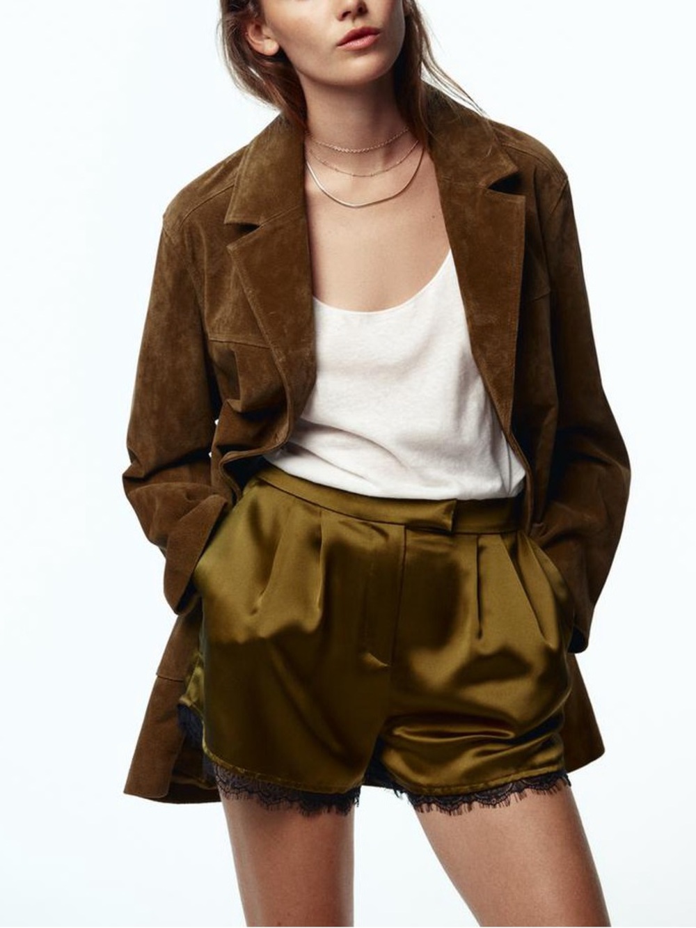 Zara Satin Lace Trim Olive Green Shorts Mid-Rise Front Pleats Pockets Zip Clos